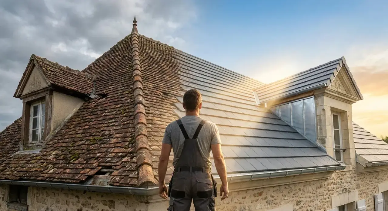 Equipe ASM Couverture sur un chantier - artisans en gilet de securite